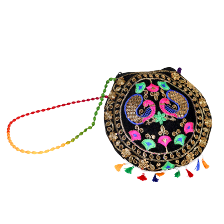 Cotton and Beads Embroidered Handbag with Colorful Tassels
