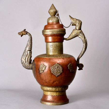 Engraved Beautiful Copper and White Metal Kettle for Decoration