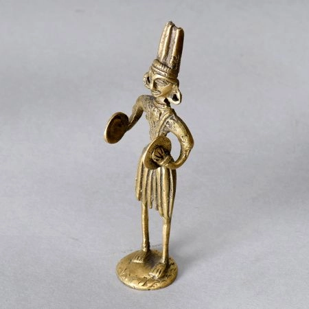 Tribal Art Handmade Brass Man Statue Playing Manjeera for Decor