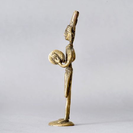 Tribal Art Handmade Brass Man Statue Playing Manjeera for Decor
