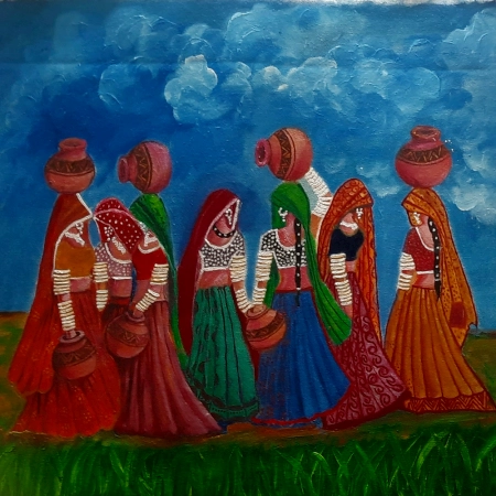 Traditional Rajasthani Women Village Scene – Acrylic on Canvas by Artist Gayatri Sharma | 22 x 20 inches