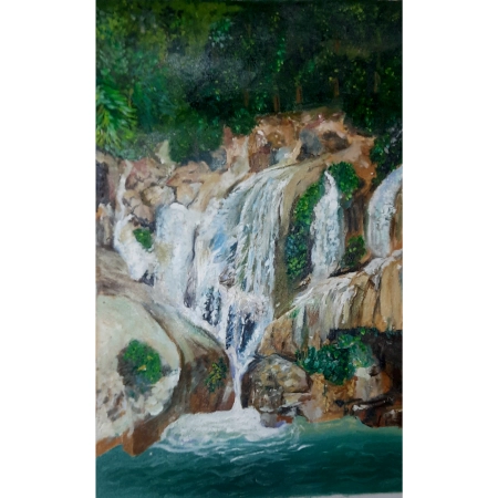 Serene Waterfall in Forest – Acrylic on Canvas by Artist Gayatri Sharma | 25 x 16 inches