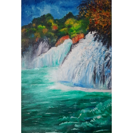 Twin Waterfalls in Autumn Forest – Acrylic on Canvas by Artist Gayatri Sharma | 25 x 17 inches