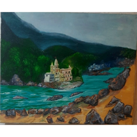 Riverside Temple in the Himalayas – Acrylic on Canvas by Artist Gayatri Sharma | 22 x 21 inches