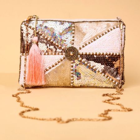Iridescent Sequin Clutch with Central Beadwork & Tassel Accent