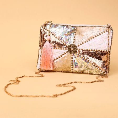 Iridescent Sequin Clutch with Central Beadwork & Tassel Accent