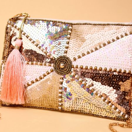 Iridescent Sequin Clutch with Central Beadwork & Tassel Accent