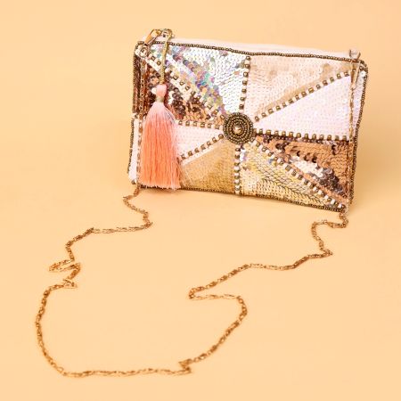 Iridescent Sequin Clutch with Central Beadwork & Tassel Accent