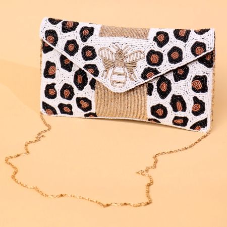 Hand-Beaded Bee Motif Clutch with Leopard Pattern & Gold Chain Strap