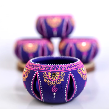 Decoreer Handmade Handicraft Home Décor Terracotta Jali Round Diya / Tealight-Tlight Candle Holder - Purple -set of 4