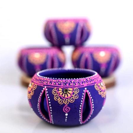 Decoreer Handmade Handicraft Home Décor Terracotta Jali Round Diya / Tealight-Tlight Candle Holder - Purple -set of 4