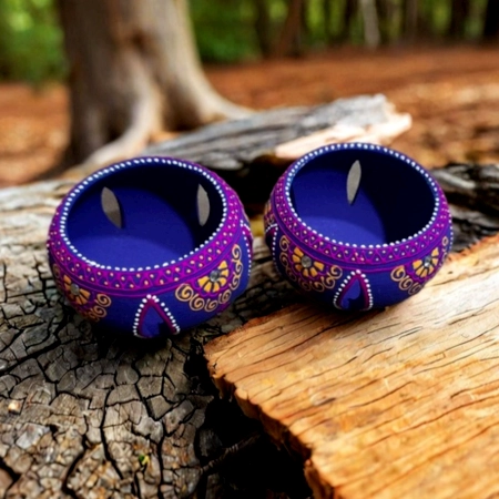 Decoreer Handmade Handicraft Home Décor Terracotta Jali Round Diya / Tealight-Tlight Candle Holder - Purple -set of 4