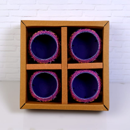 Decoreer Handmade Handicraft Home Décor Terracotta Jali Round Diya / Tealight-Tlight Candle Holder - Purple -set of 4