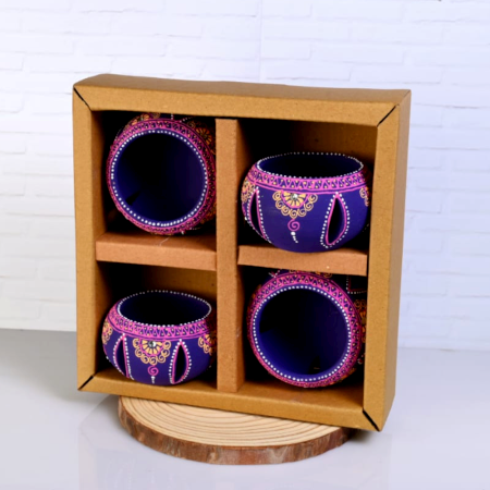 Decoreer Handmade Handicraft Home Décor Terracotta Jali Round Diya / Tealight-Tlight Candle Holder - Purple -set of 4