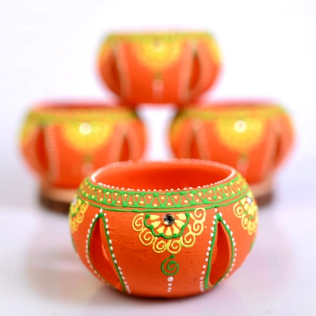 Decoreer Handmade Handicraft Home Décor Terracotta Jali Round Diya / Tealight-Tlight Candle Holder - Orange -set of 4