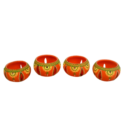 Decoreer Handmade Handicraft Home Décor Terracotta Jali Round Diya / Tealight-Tlight Candle Holder - Orange -set of 4
