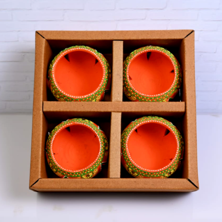 Decoreer Handmade Handicraft Home Décor Terracotta Jali Round Diya / Tealight-Tlight Candle Holder - Orange -set of 4
