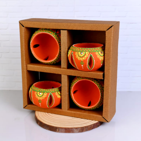 Decoreer Handmade Handicraft Home Décor Terracotta Jali Round Diya / Tealight-Tlight Candle Holder - Orange -set of 4