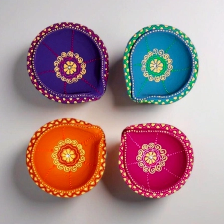 Decoreer Handmade Handicraft Home Décor Terracotta Double Layer Diya -set of 4
