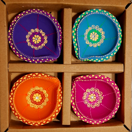 Decoreer Handmade Handicraft Home Décor Terracotta Double Layer Diya -set of 4