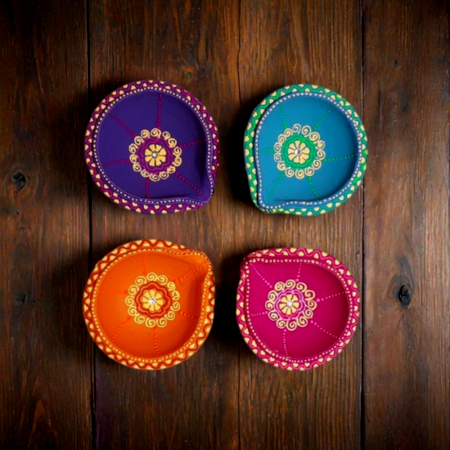Decoreer Handmade Handicraft Home Décor Terracotta Double Layer Diya -set of 4