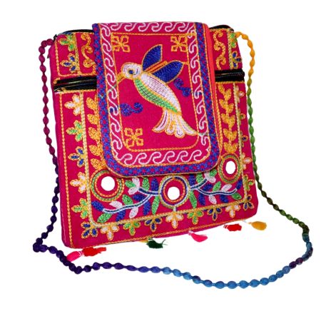 Pink Ethnic Cotton Crossbody Bag with Bird Motif & Mirror Work - Jaipuri Handmade Embroidered Sling Bag
