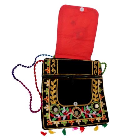 Jaipuri Handmade Black Embroidered Sling Bag - Cotton Crossbody Bag with Peacock Feather Motif & Tassels