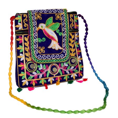 Jaipuri Handmade Velvet Embroidered Sling Bag - Royal Blue Ethnic Crossbody Bag with Mirror Work & Tassels