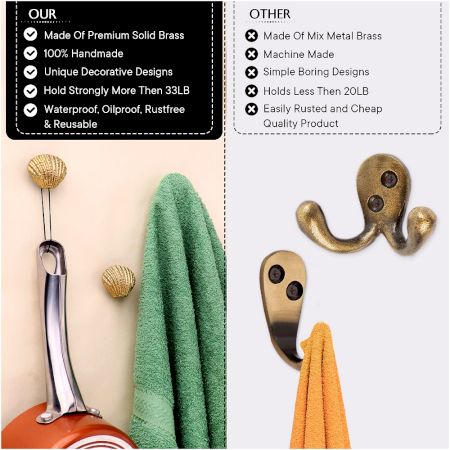 Golden Solid Brass Shell Wall Hooks-3 Pieces