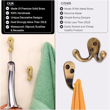 Golden Brass Seahorse Wall Hooks-3 Pieces