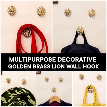 Golden Brass Lion Wall Hooks-3 Pieces