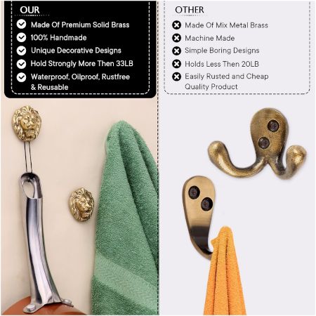 Golden Brass Lion Wall Hooks-3 Pieces