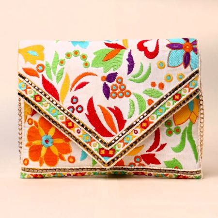 Boho Bloom Fiesta Vibrant Hand-Embroidered Sling Bag with Chain Strap