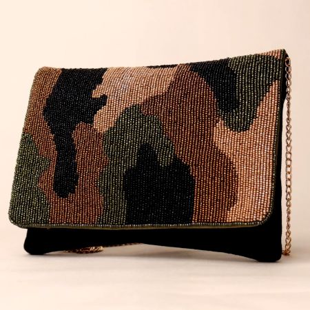 Camouflage Chic Hand-Beaded Sling Bag with Gold Chain Strap