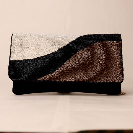 Monochrome Wave Hand-Beaded Sling Bag with Elegant Chain Strap