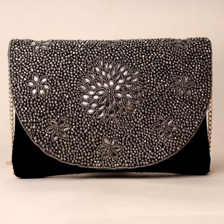 Midnight Elegance Hand-Beaded Floral Sling Bag with Gold Chain Strap