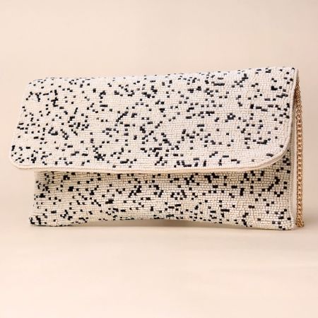 Monochrome Mist Hand-Beaded Sling Bag with Gold Chain Strap