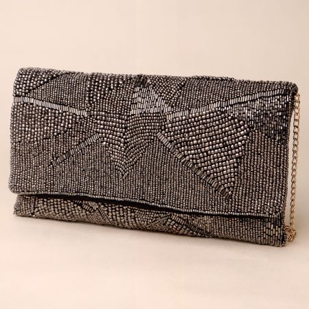 Starlit Noir Hand-Beaded Sling Bag with Gold Chain Strap