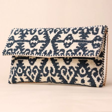 Royal Indigo Ikat Hand-Beaded Sling Bag with Gold Chain Strap