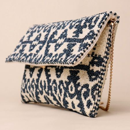 Royal Indigo Ikat Hand-Beaded Sling Bag with Gold Chain Strap