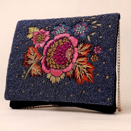 Midnight Bloom Hand-Beaded Sling Bag with Gold Chain Strap