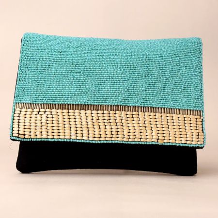 Turquoise Hand-Beaded Clutch with Woven Accent and Black Base