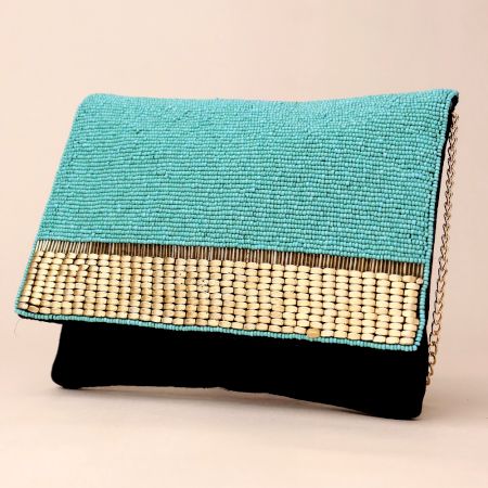 Turquoise Hand-Beaded Clutch with Woven Accent and Black Base