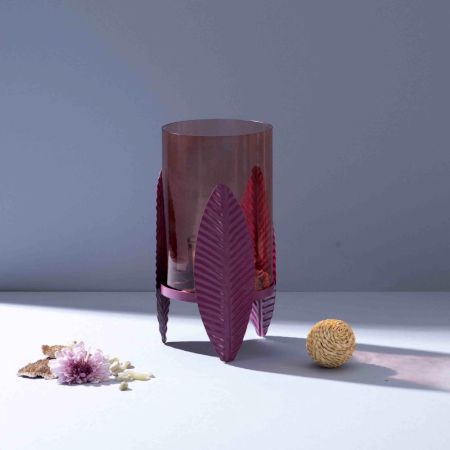 Heather-Toned Iron Candle Stand with Leaf Motif
