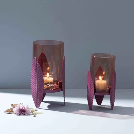 Heather-Toned Iron Candle Stand with Leaf Motif