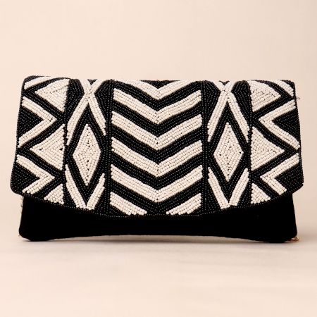 Monochrome Majesty Hand-Beaded Sling Bag with Gold Chain Strap