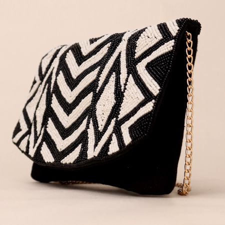 Monochrome Majesty Hand-Beaded Sling Bag with Gold Chain Strap