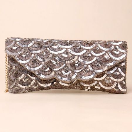 Silver Cascade Sequin Hand-Embroidered Sling Bag with Gold Chain Strap