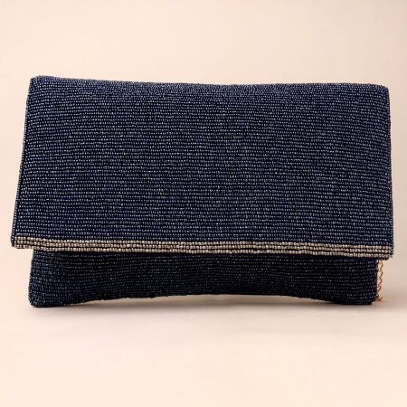 Midnight Luxe Hand-Beaded Sling Bag with Gold Chain Strap