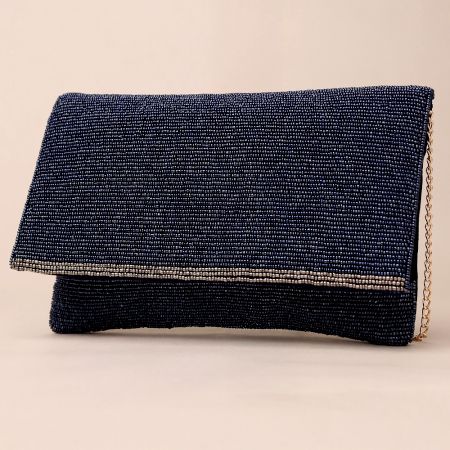 Midnight Luxe Hand-Beaded Sling Bag with Gold Chain Strap